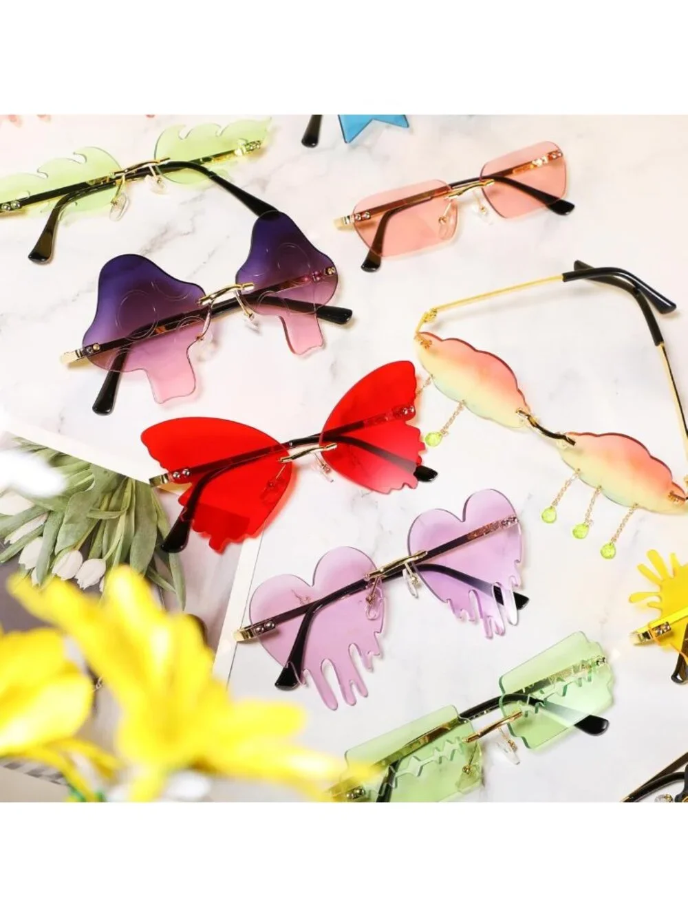 Trendy 16 Pcs Irregular Rimless Sunglasses Set - Star, Cloud, Flame & Heart